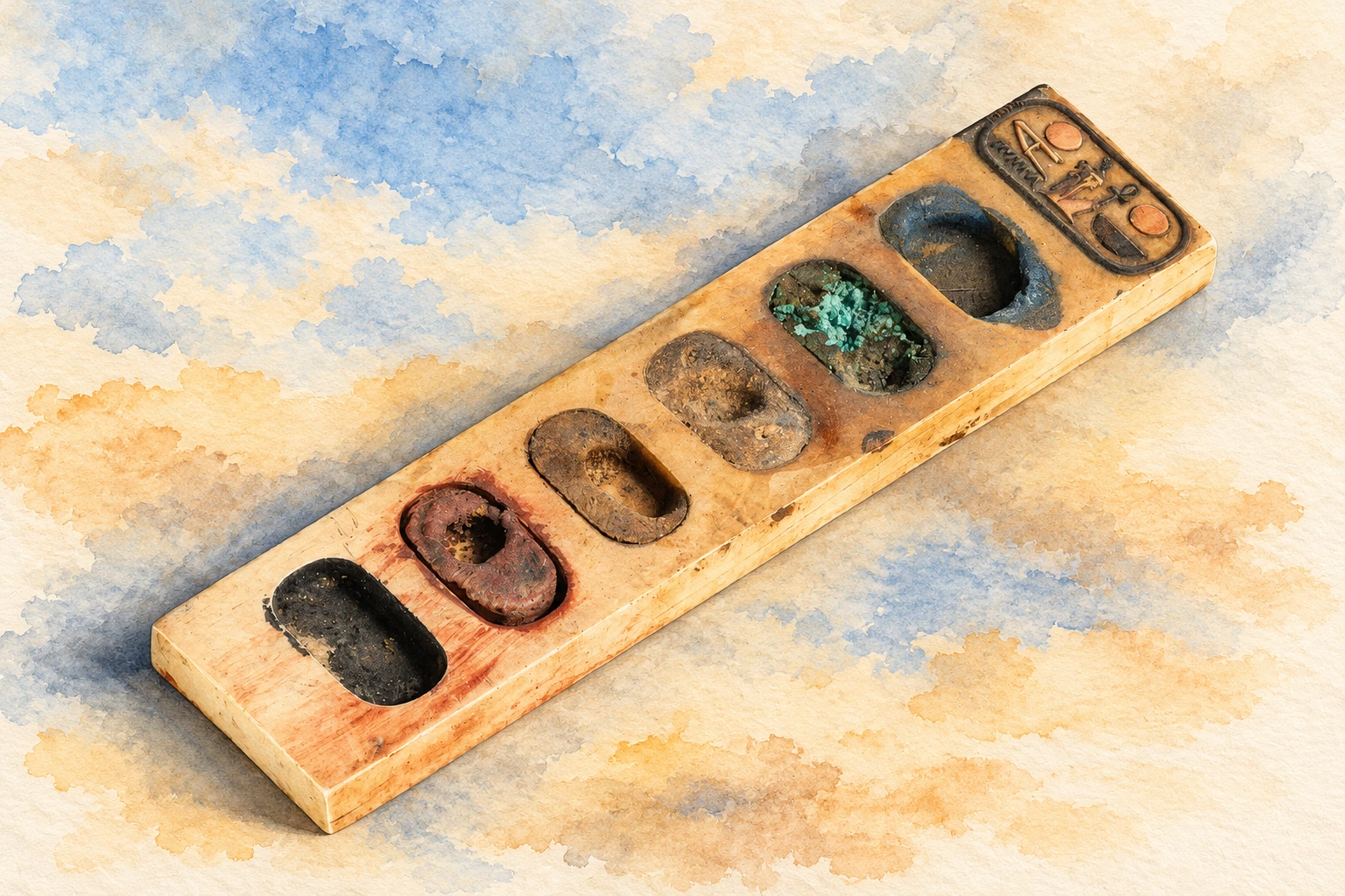 Palette de peintre en ivoire portant le nom d’Amenhotep III. Aquarelle créée par IA.