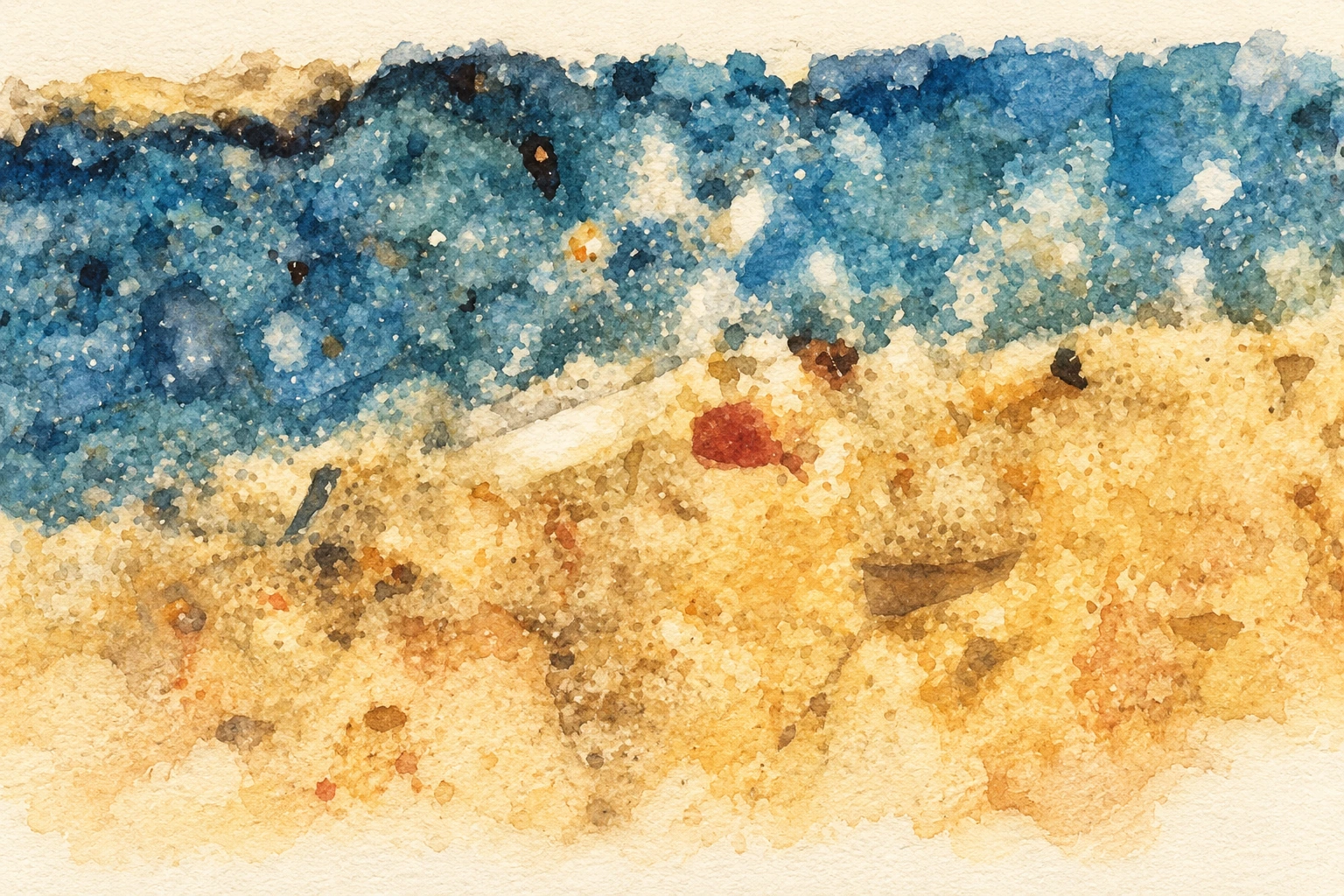 Couche de bleu égyptien sur un enduit, représentée en coupe. Schéma illustratif sans échelle de mesure. Aquarelle créée par IA.