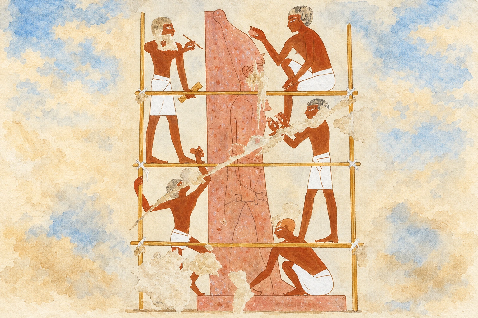 Peintres et sculpteurs au travail autour d’une statue, dans une scène de la tombe de Rekhmirê. Aquarelle créée par IA.