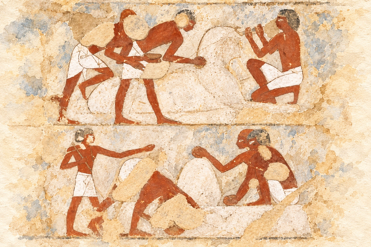 Artisans travaillant la pierre dans une scène de la tombe de Rekhmirê. Aquarelle créée par IA.