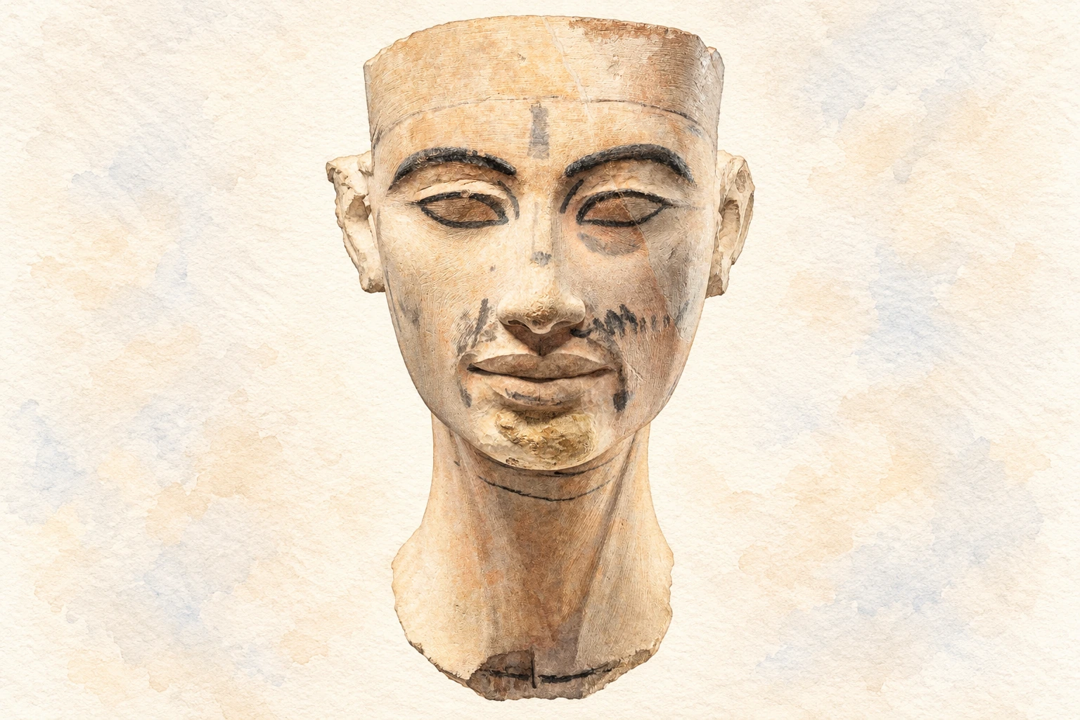 Tête inachevée de Néfertiti et marques de correction du sculpteur. Aquarelle créée par IA.