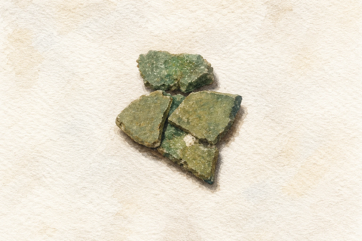 Fragments de chrysocolle, une matière verte distincte de la malachite. Aquarelle créée par IA.