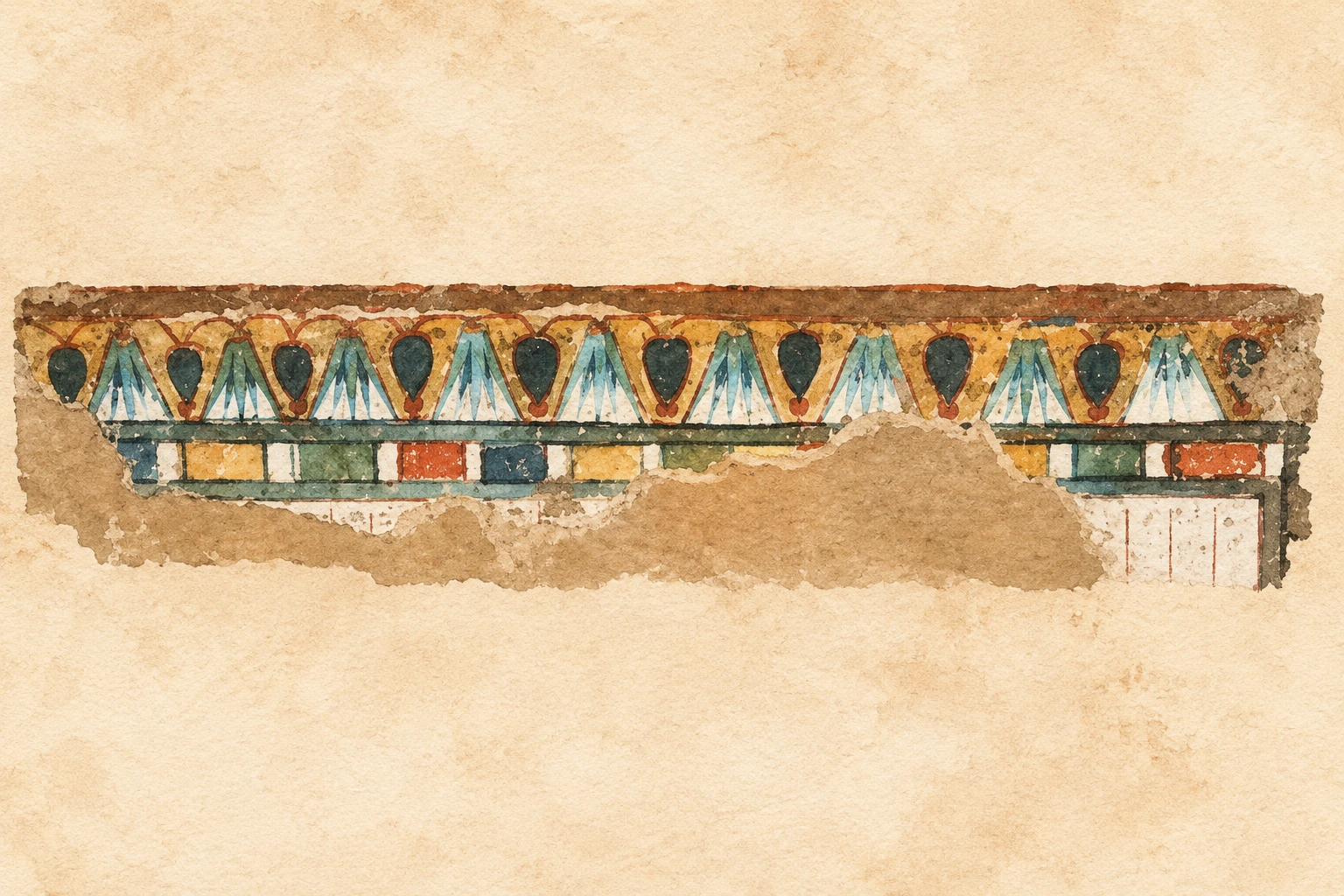 Frise colorée de la tombe de Nebamon et Ipouky. La teinte représentée ne suffit pas à identifier les pigments. Aquarelle créée par IA.