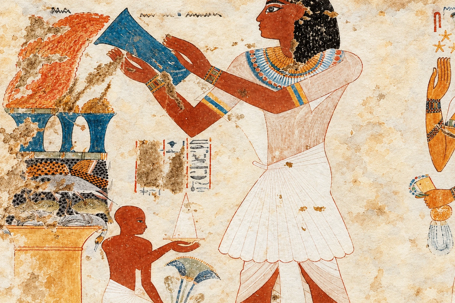 Contours noirs et vêtement blanc dans une scène d’offrande à Hathor. Aquarelle créée par IA.