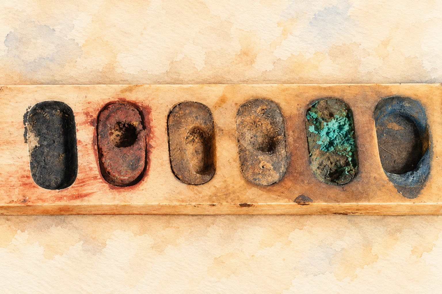 Les godets et résidus colorés d’une palette de peintre. Aquarelle créée par IA.