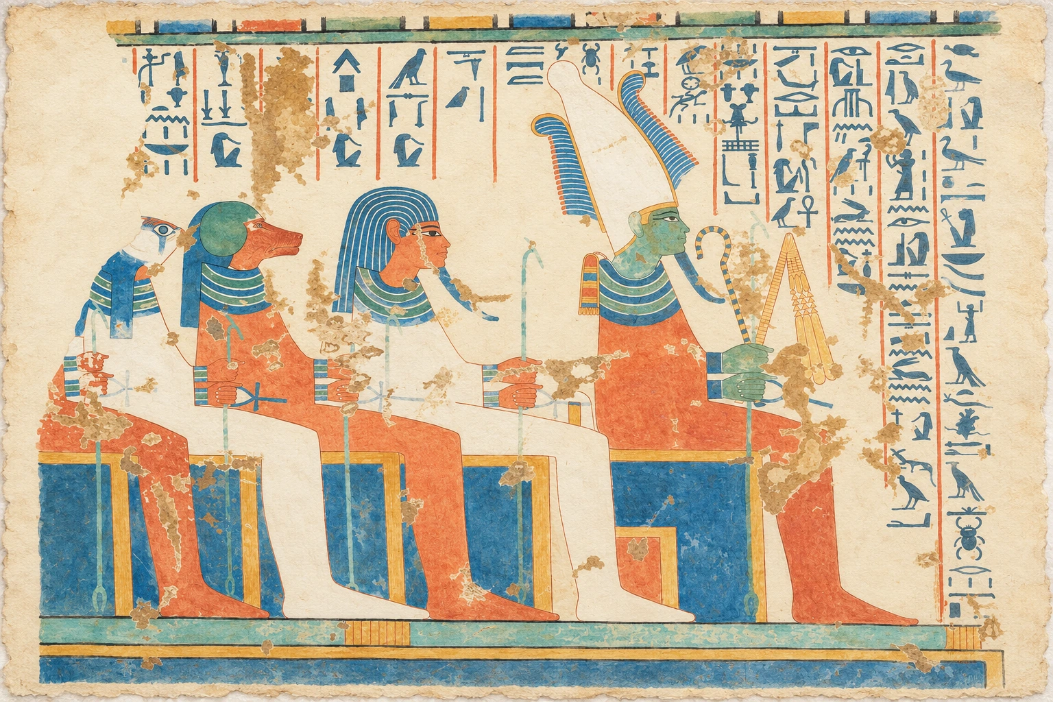 Osiris et les fils d’Horus dans un décor funéraire. Aquarelle créée par IA.