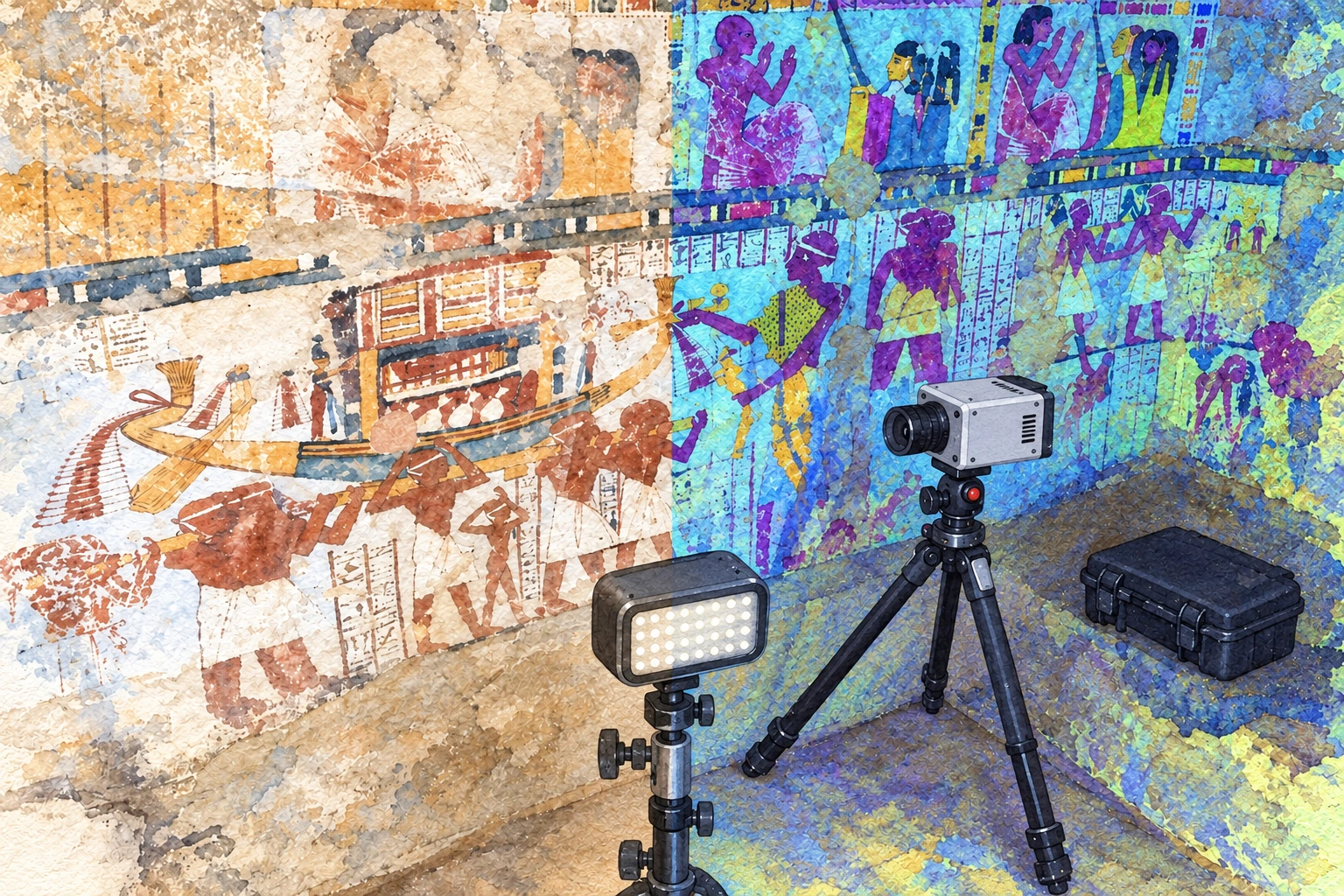 Dispositif d’imagerie hyperspectrale devant une paroi peinte. Aquarelle créée par IA.