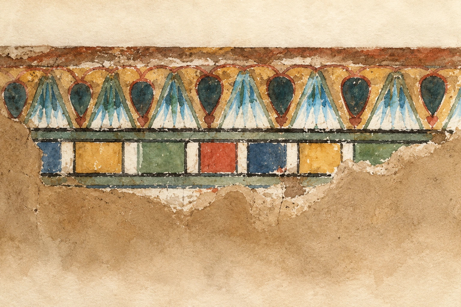 Alternance de couleurs dans une frise funéraire. Aquarelle créée par IA.