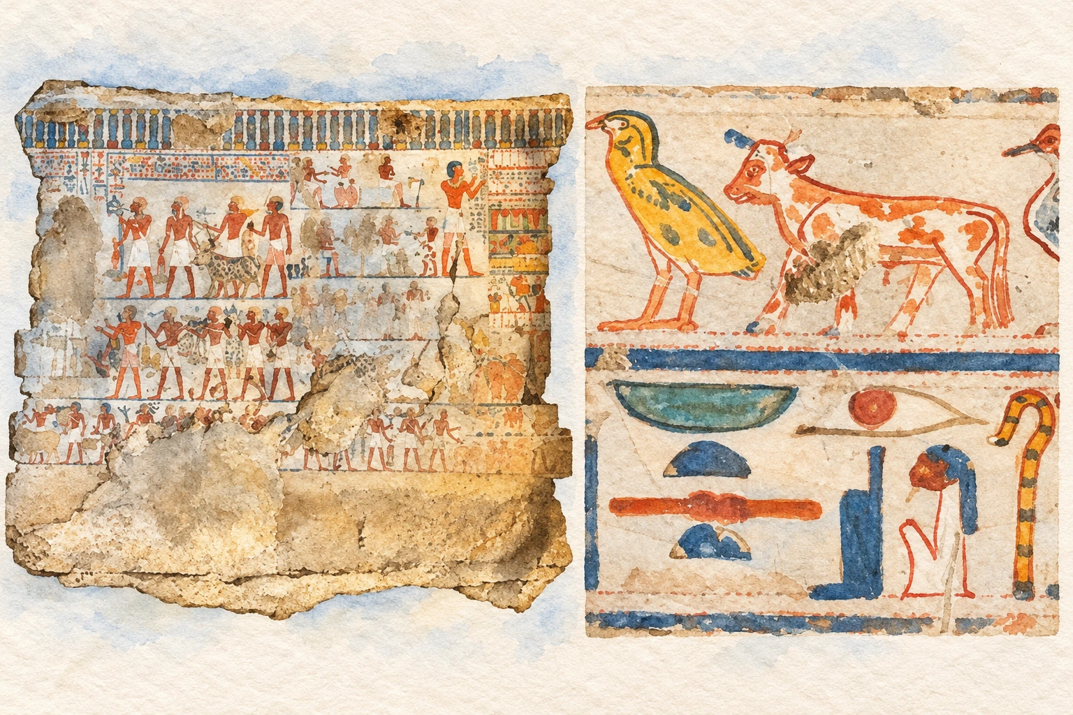 Vue d’ensemble et détail d’une paroi de la tombe de Paser. Aquarelle créée par IA.