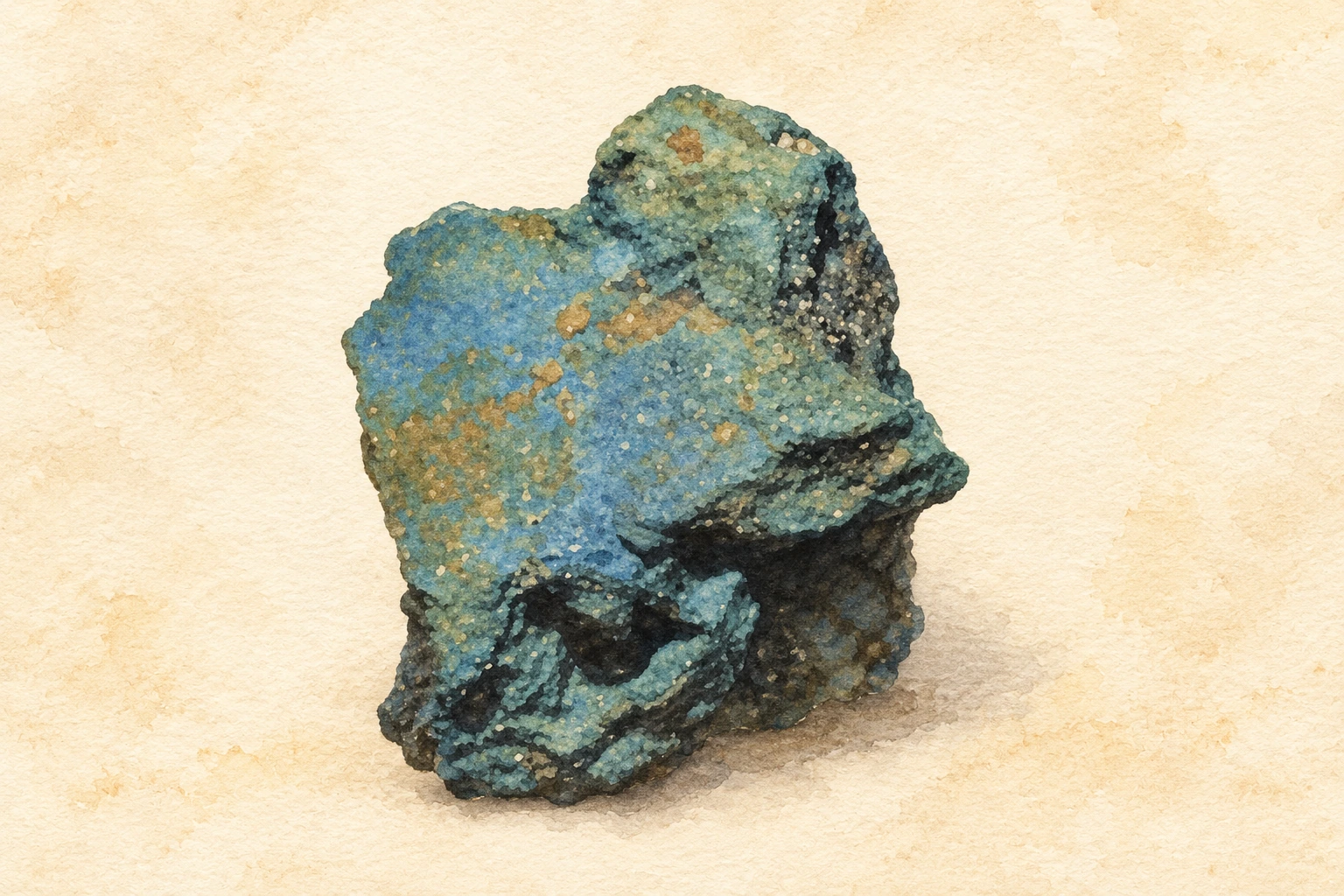 Fragment de bleu égyptien. Illustration du matériau, sans lien avec un échantillon d’expérience historique. Aquarelle créée par IA.