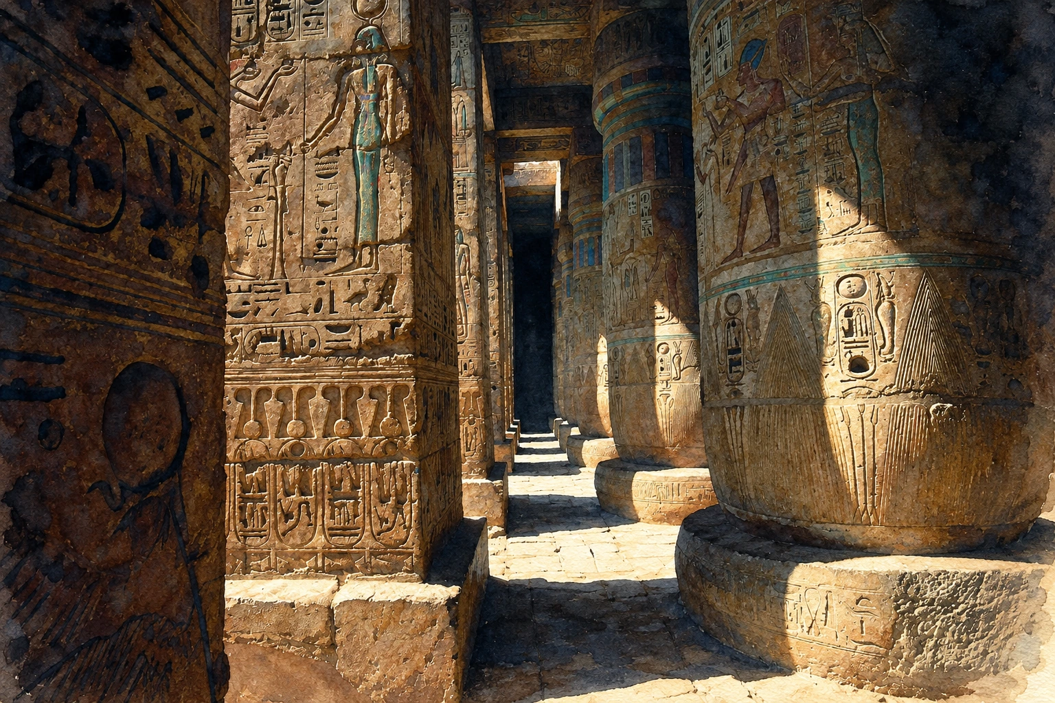 Traces de polychromie sur les colonnes du temple d’Esna. Aquarelle créée par IA.
