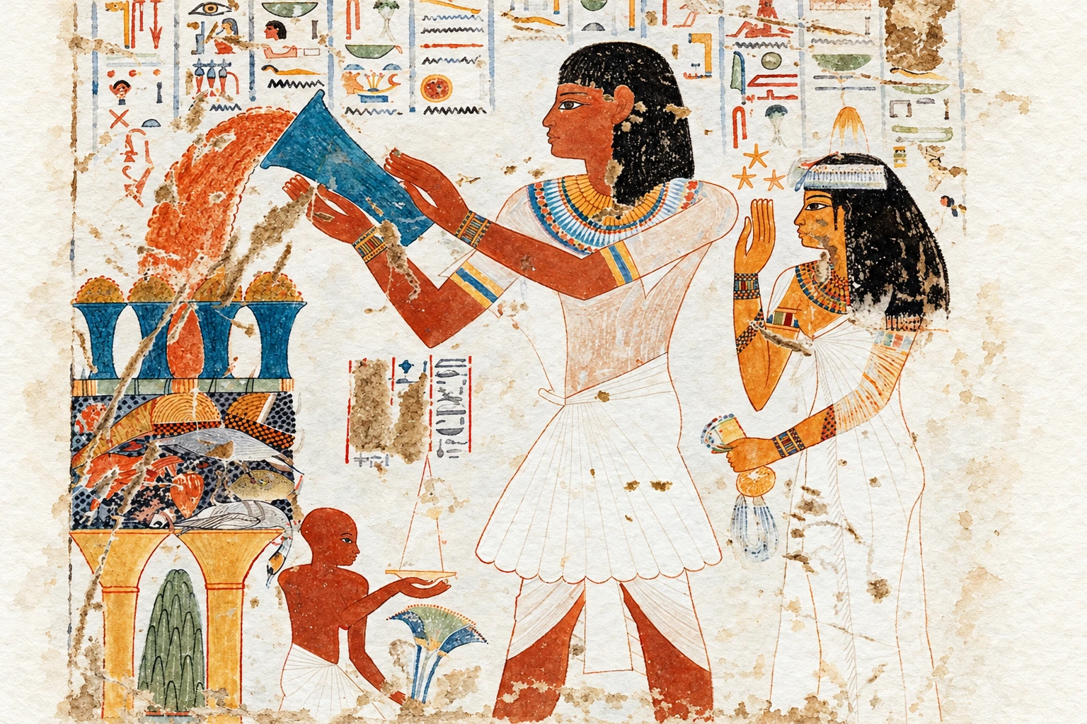 Nebamon faisant offrande à Hathor. Aquarelle créée par IA.