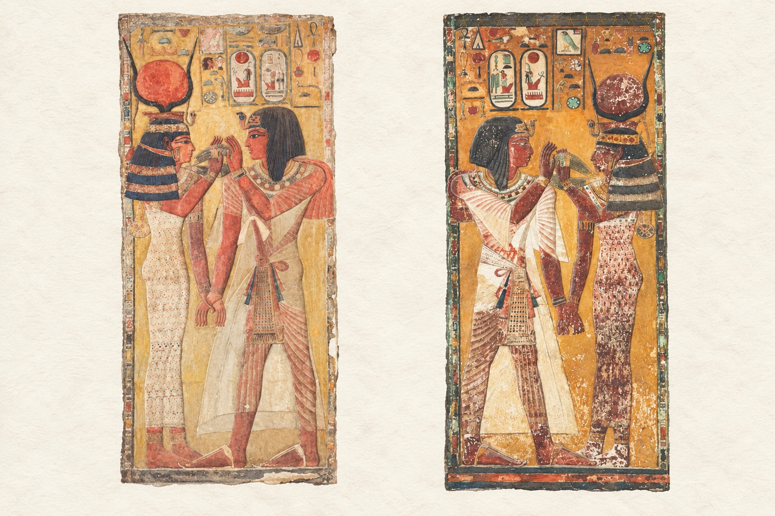 Éléments de décor retirés de la tombe de Séthi Ier. Aquarelle créée par IA.
