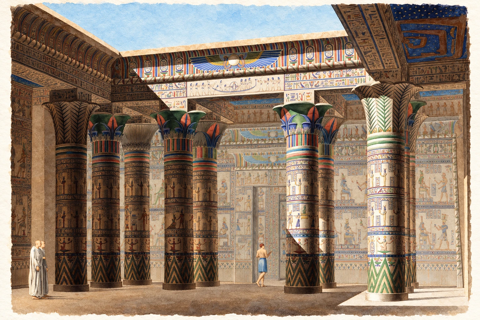 Portique de Philae. Les couleurs illustrées ne constituent pas une restitution de la polychromie antique. Aquarelle créée par IA.