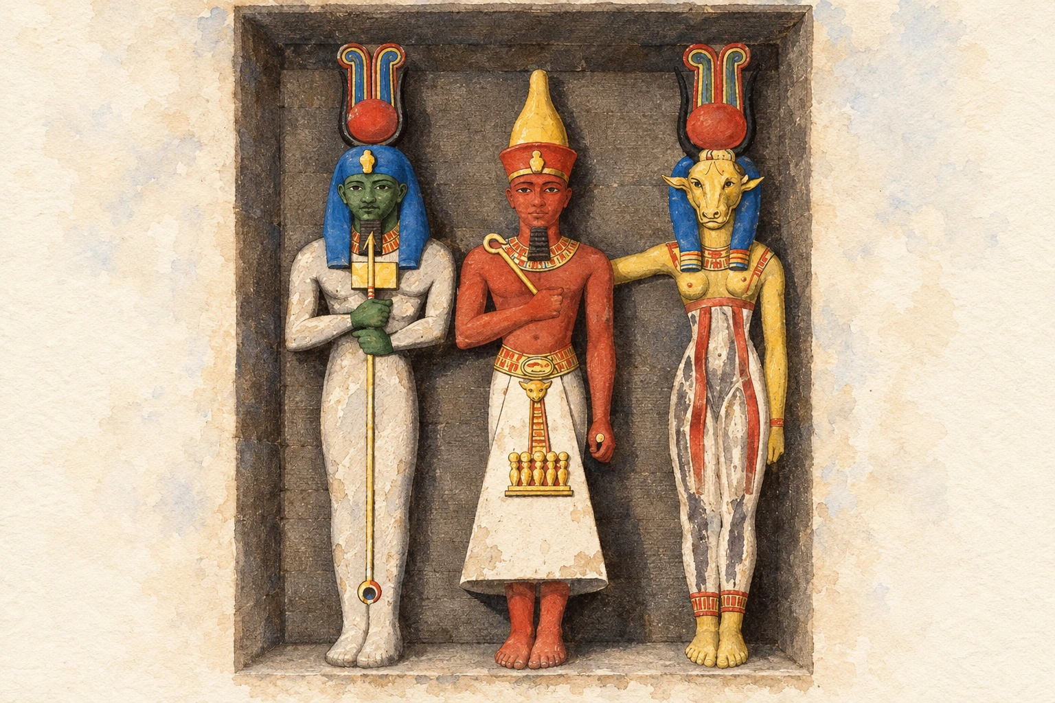 Groupe de statues de Kalabchê. Aquarelle créée par IA.