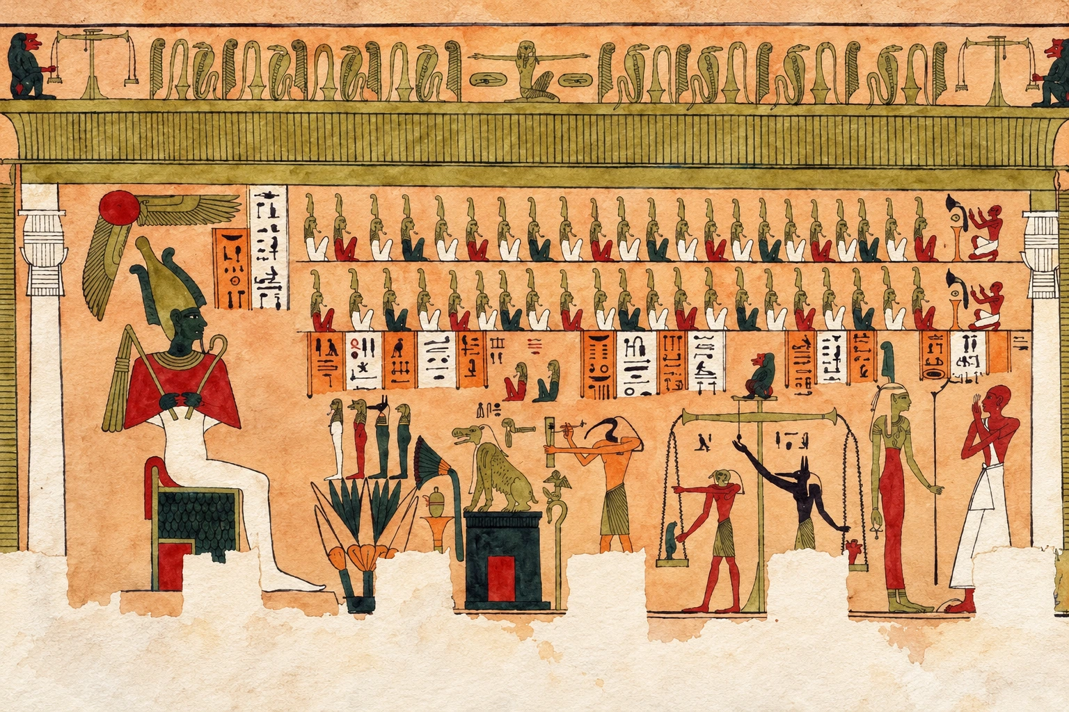 Vignette peinte d’un papyrus funéraire. Aquarelle créée par IA.