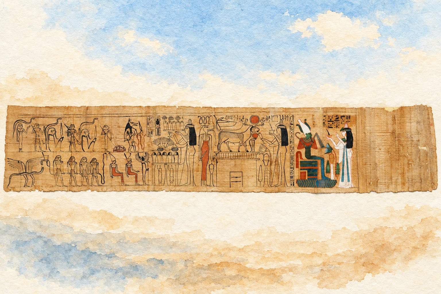 Papyrus de l’Amdouat : figures et registres du voyage nocturne du soleil. Aquarelle créée par IA.