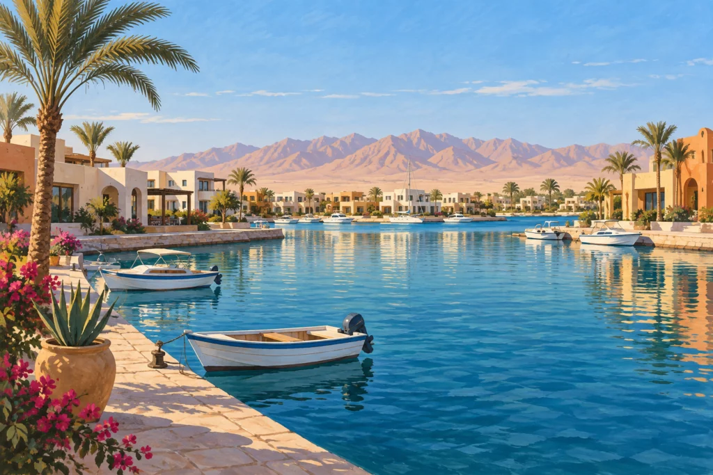Évocation dessinée d’une marina et des montagnes près d’El Gouna