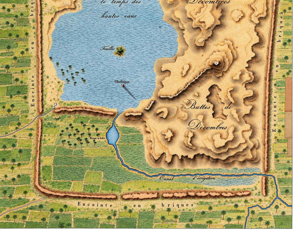 Plan des vestiges et de l’enceinte d’Héliopolis près de Matariya. Mise en couleur illustrative.