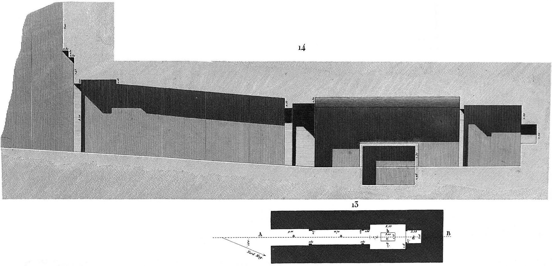 Gravure en noir et blanc montrant le plan et la coupe longitudinale d’une tombe rupestre, avec son couloir descendant et ses chambres.