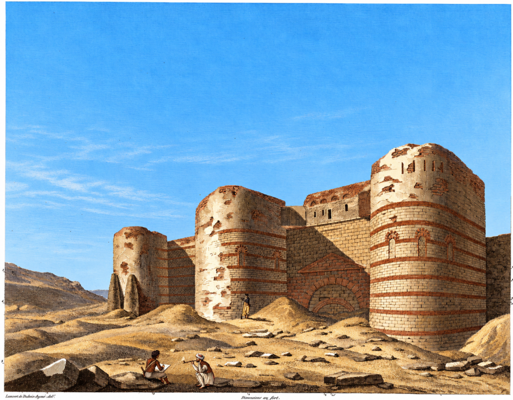Vue des ouvrages romains de la forteresse de Babylone, au Vieux Caire. Mise en couleur illustrative.