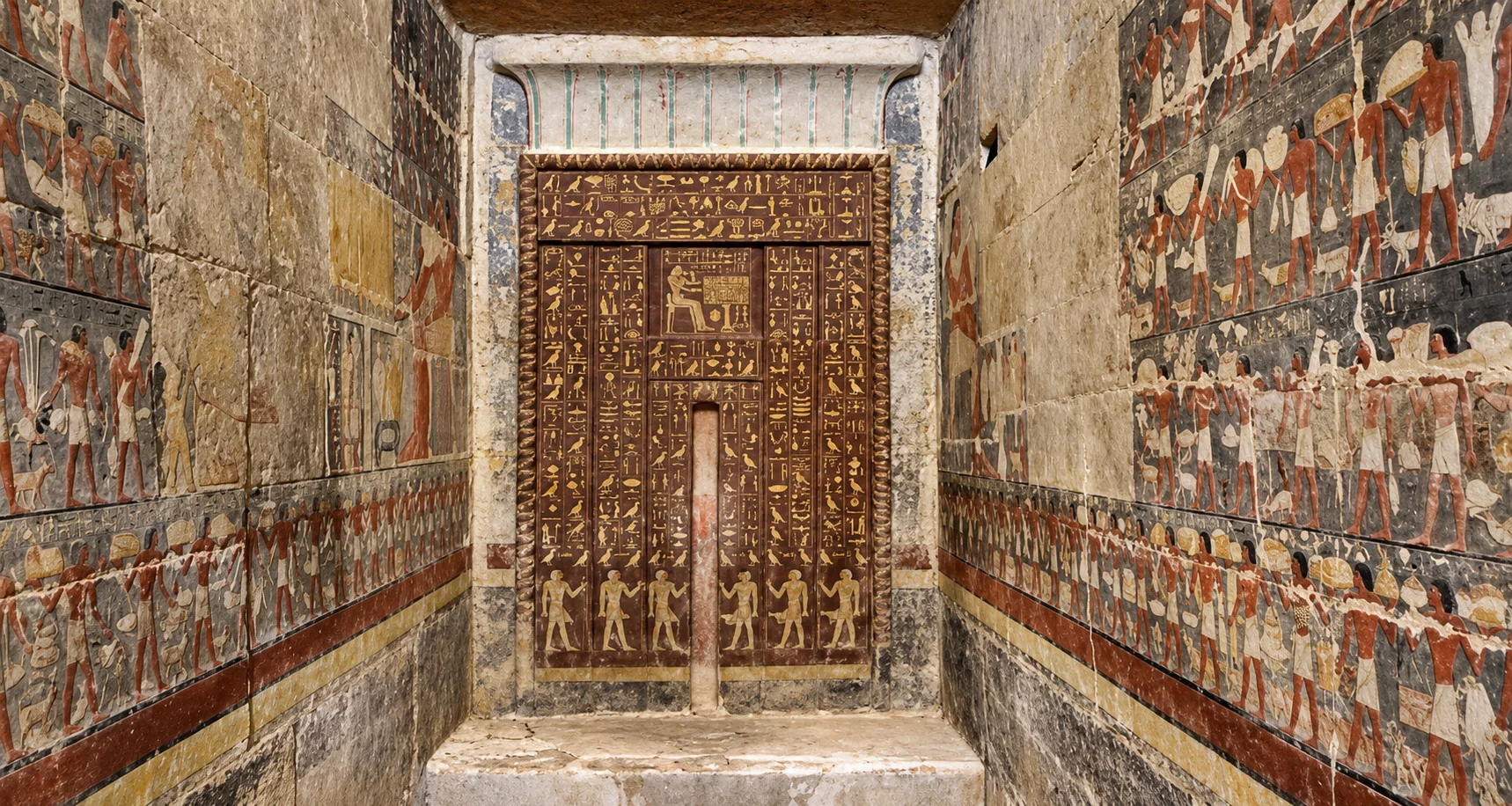 Intérieur de la maison d’éternité du vizir Mehou à Saqqara, vue recentrée et retravaillée par IA à partir d’une photographie.
