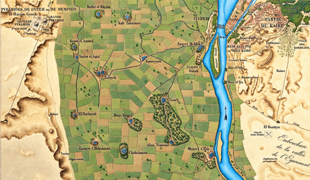 Détail du plan régional de Memphis, des pyramides et des environs du Caire. Mise en couleur illustrative.