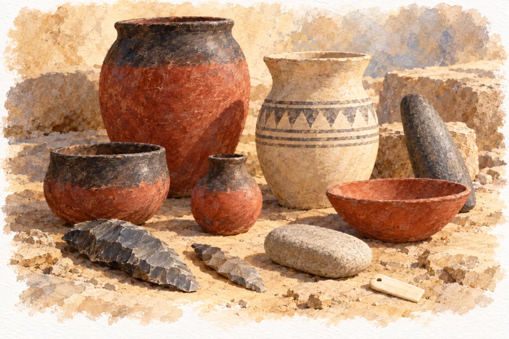 Évocation à l’aquarelle de plusieurs récipients de la période prédynastique