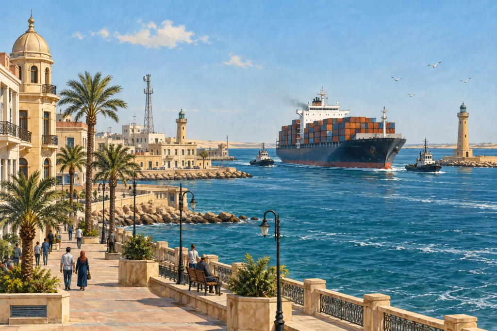 Évocation dessinée d’un cargo à l’entrée du canal de Suez à Port-Saïd