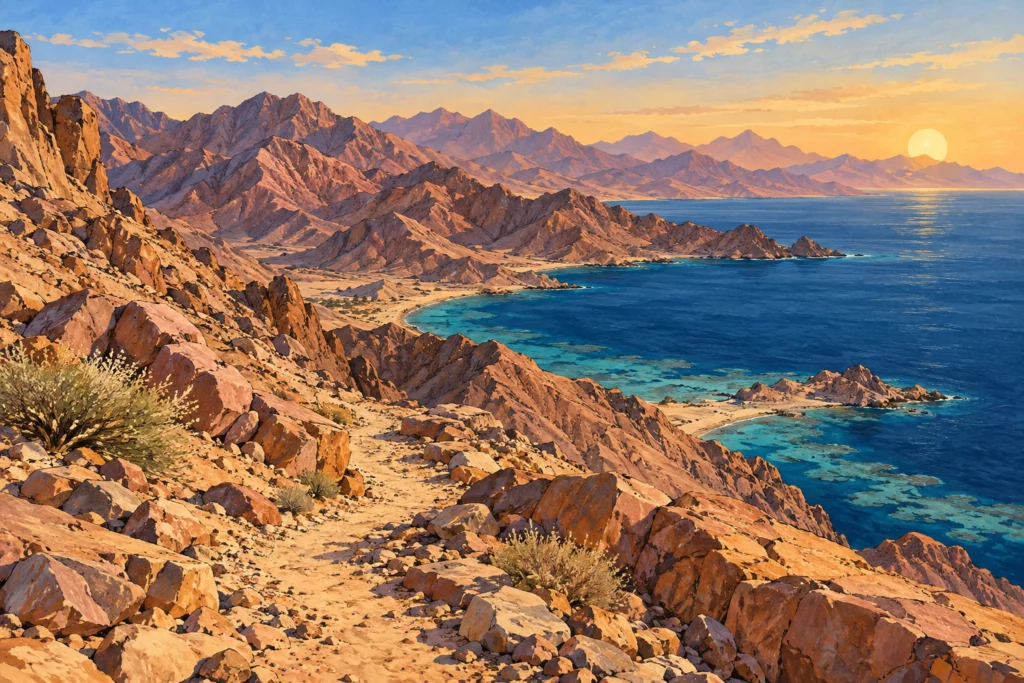 Évocation dessinée du paysage montagneux du Sinaï