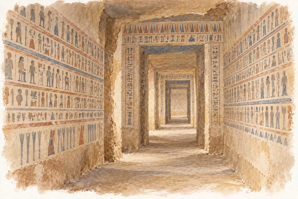 Illustration à l’aquarelle d’un couloir souterrain aux parois inscrites