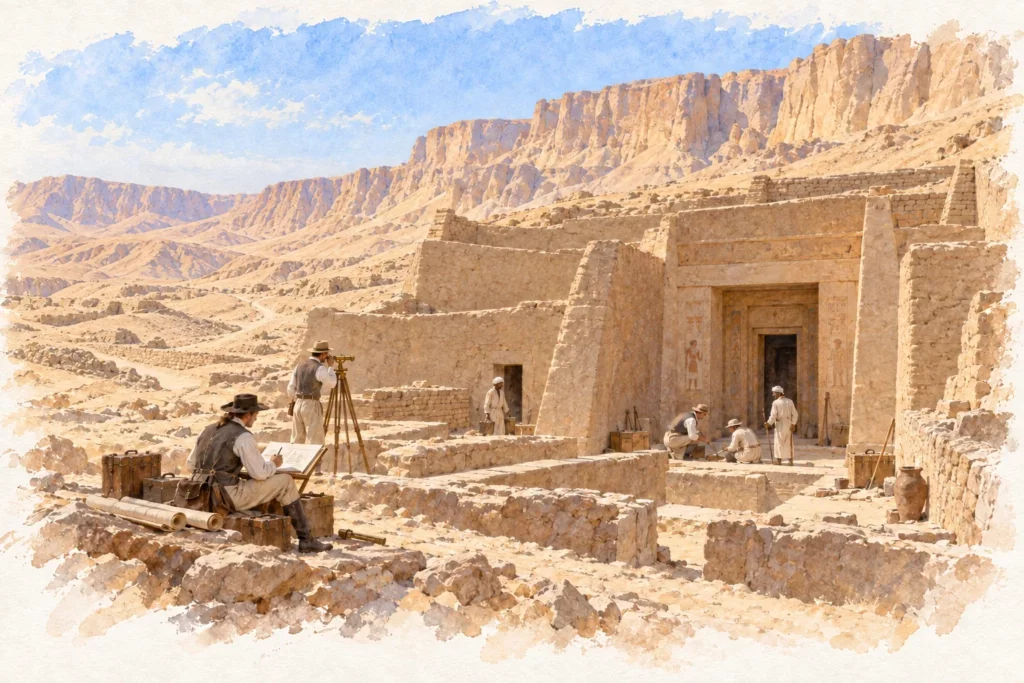Illustration à l’aquarelle d’une tombe monumentale de l’Assassif au pied des falaises thébaines, avec des savants au travail