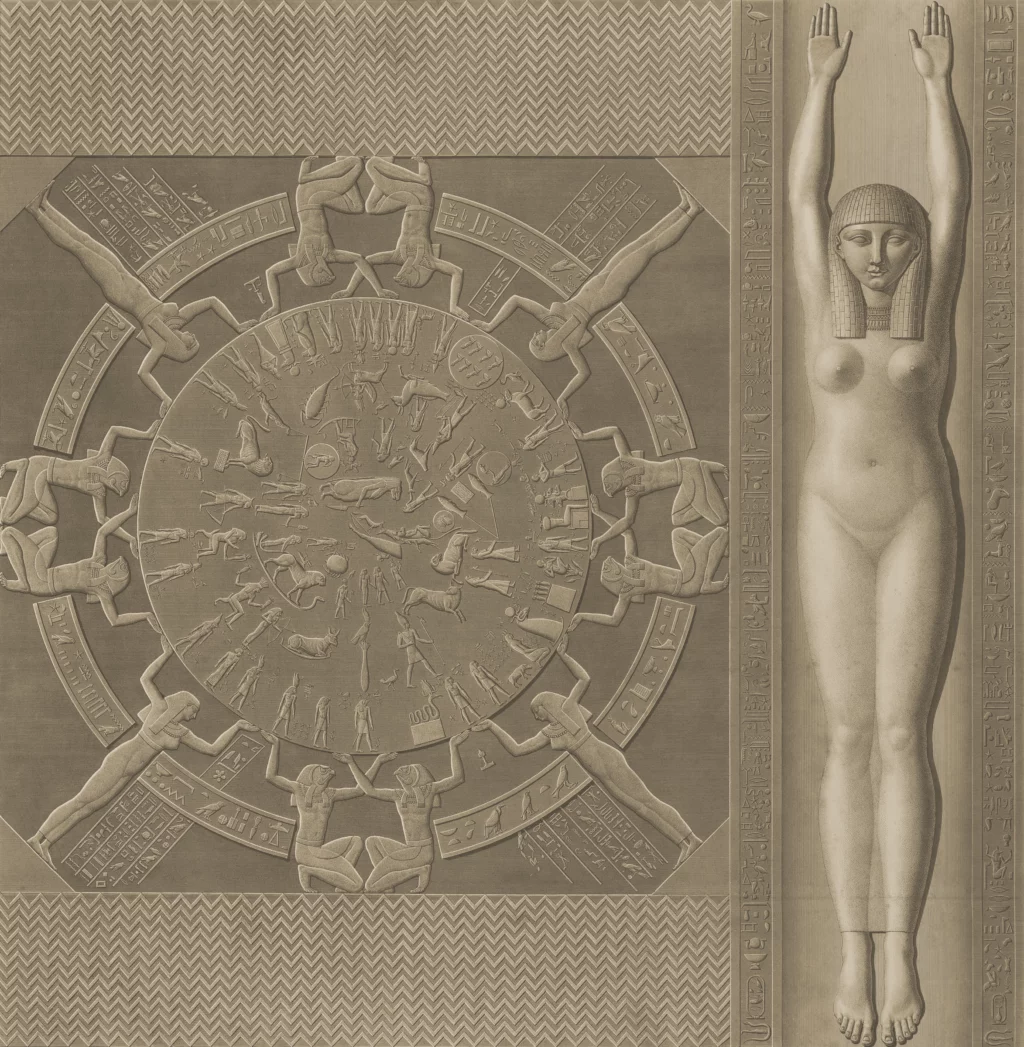 Gravure mise en teinte du plafond de Dendéra, avec le zodiaque circulaire à gauche et Nout à droite.
