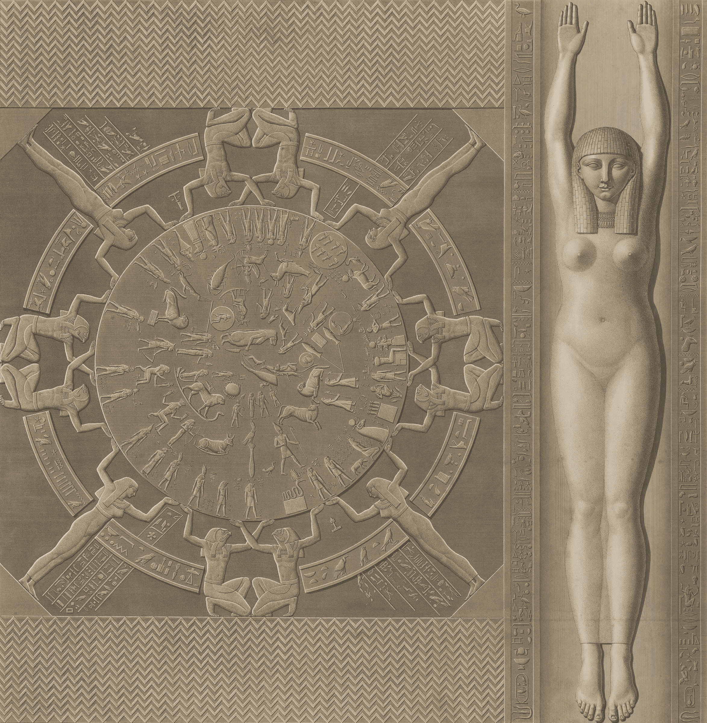 Gravure mise en teinte du plafond de Dendéra, avec le zodiaque circulaire à gauche et Nout à droite.