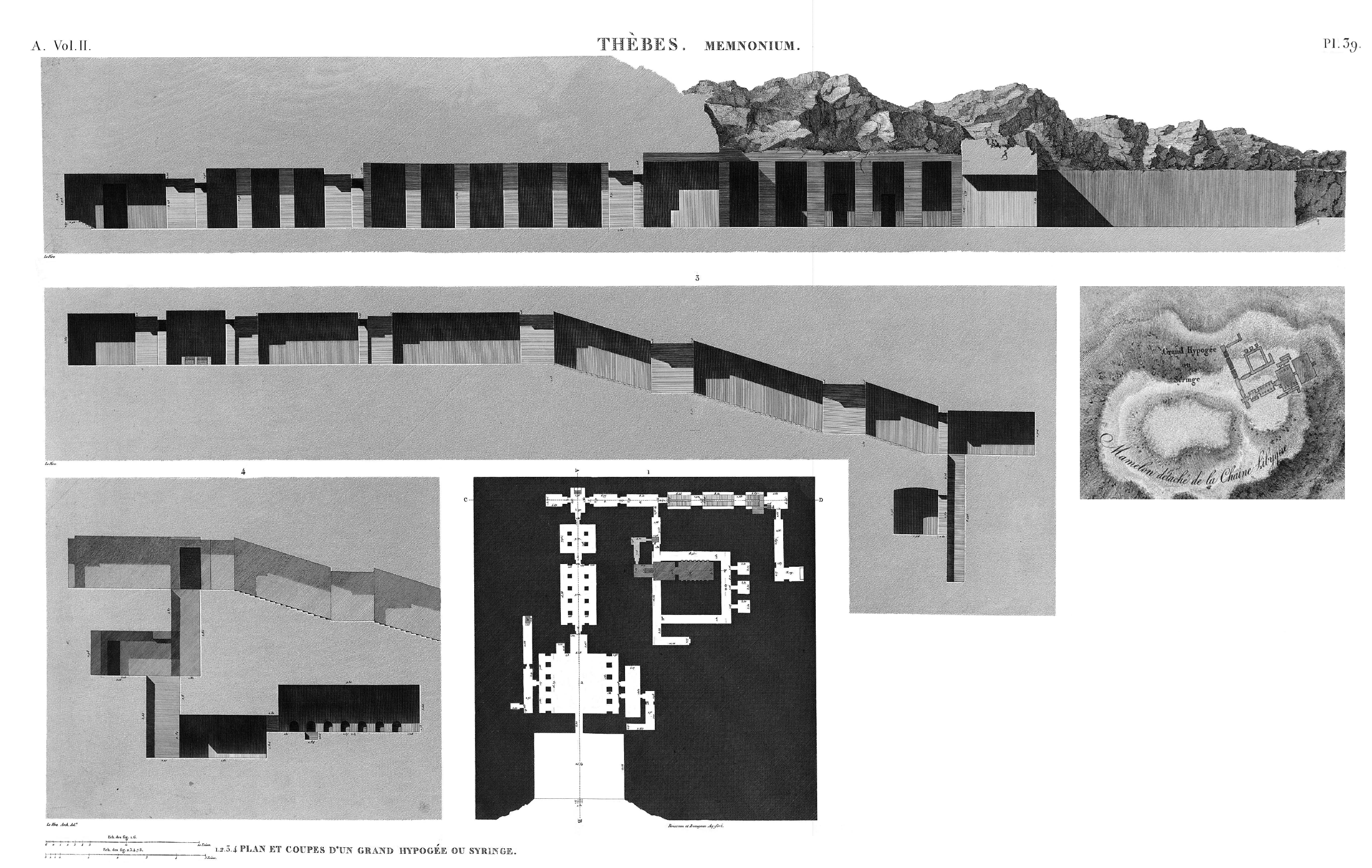 Montage du plan et des coupes de TT33 : figures 1 à 4 de la planche 39 et encart topographique de la planche 38